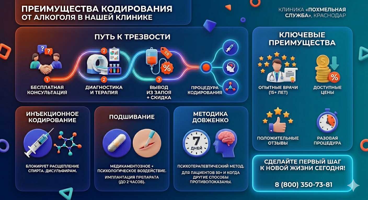 Инфографика о методах кодирования от алкоголя в Полтавской: инъекции, подшивание, метод Довженко. Преимущества клиники и этапы лечения.