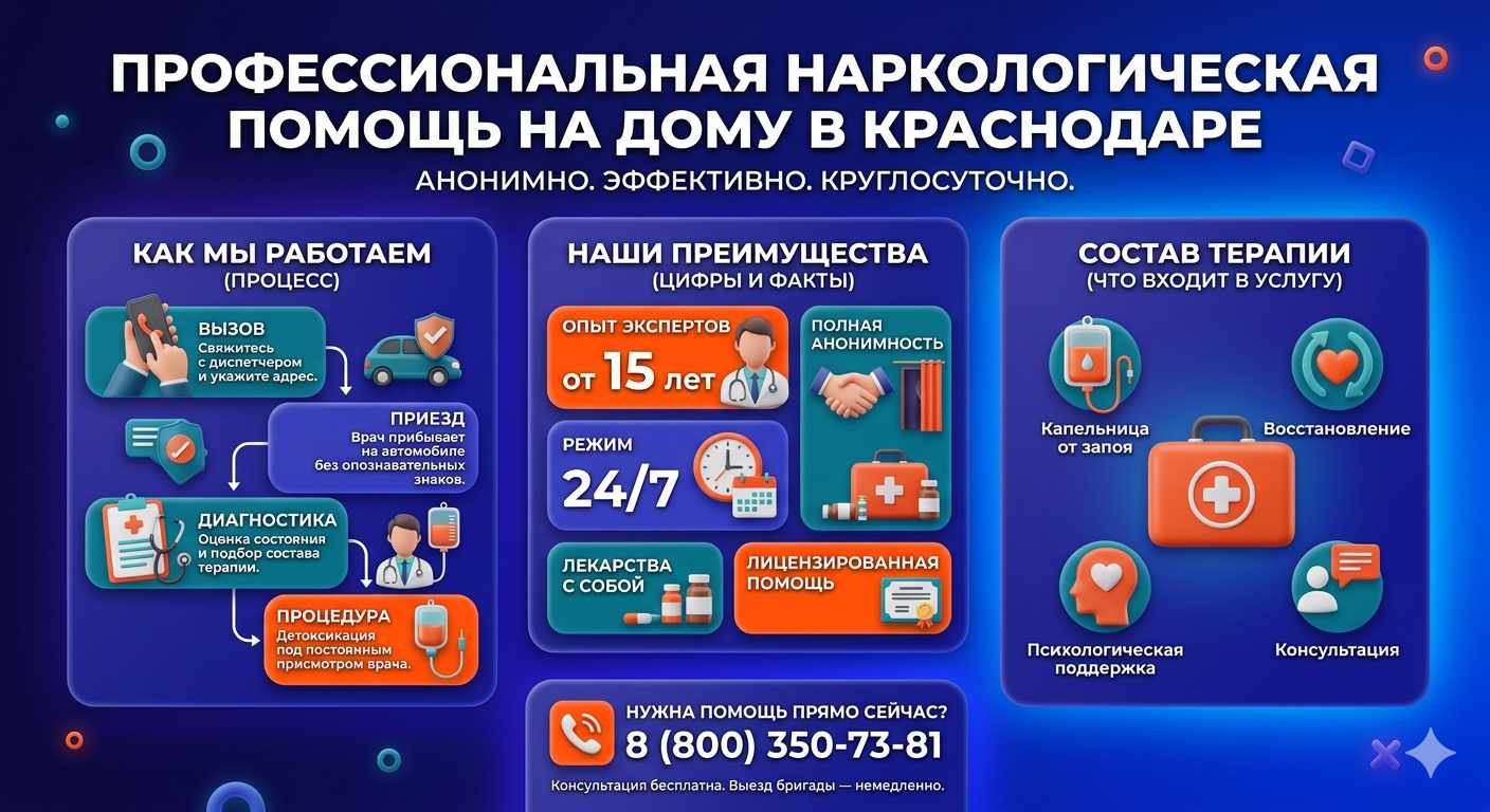 Инфографика о принципах лечения алкоголизма на дому в Полтавской: этапы вызова нарколога, преимущества анонимной детоксикации и состав медицинской помощи.